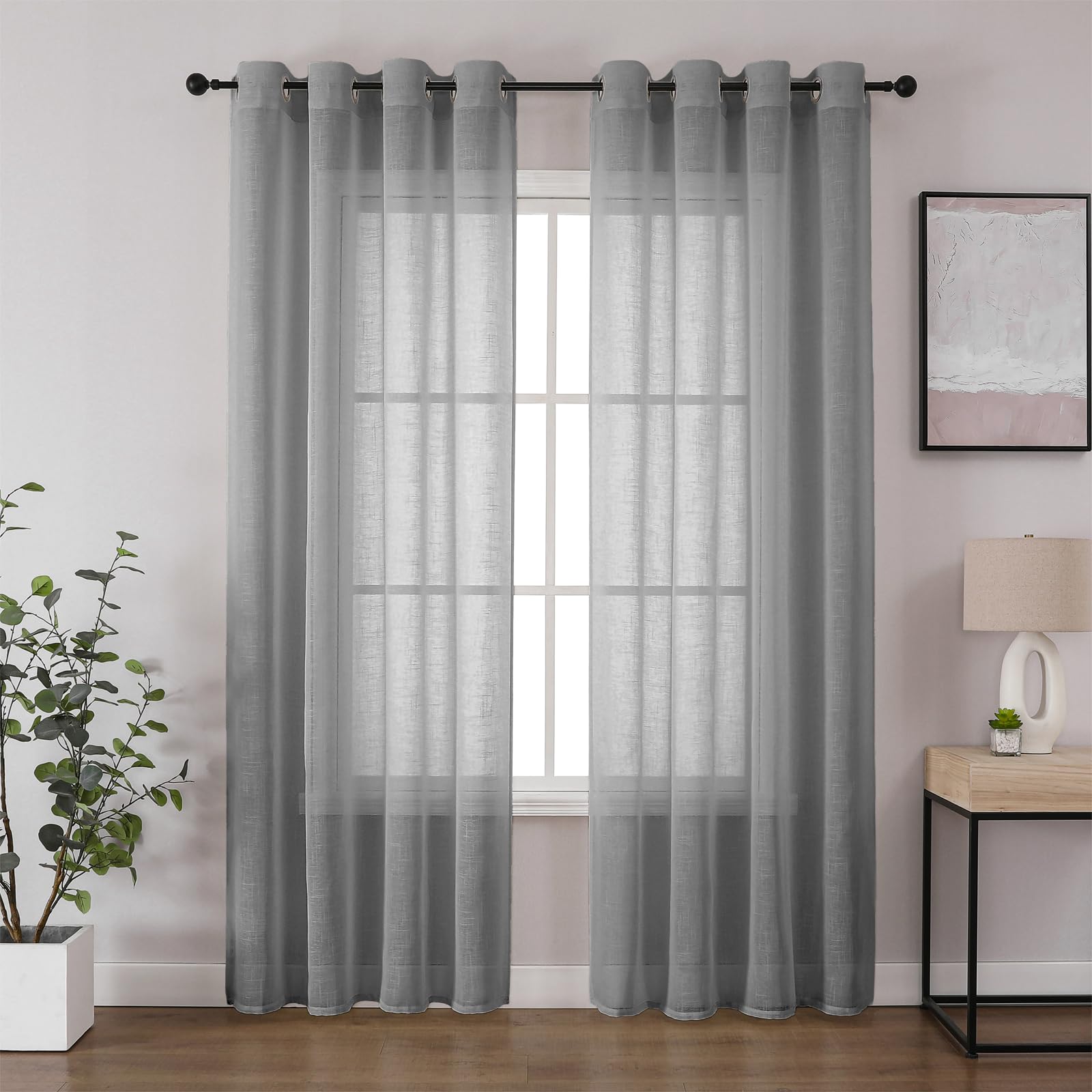 CUCRAF Voile Curtains Grey 90 Inch Drop 2 Panels with Eyelet Linen Net Curtains for Windows Sheer Curtains for Bedroom Kitchen Dormitory Home Decoration