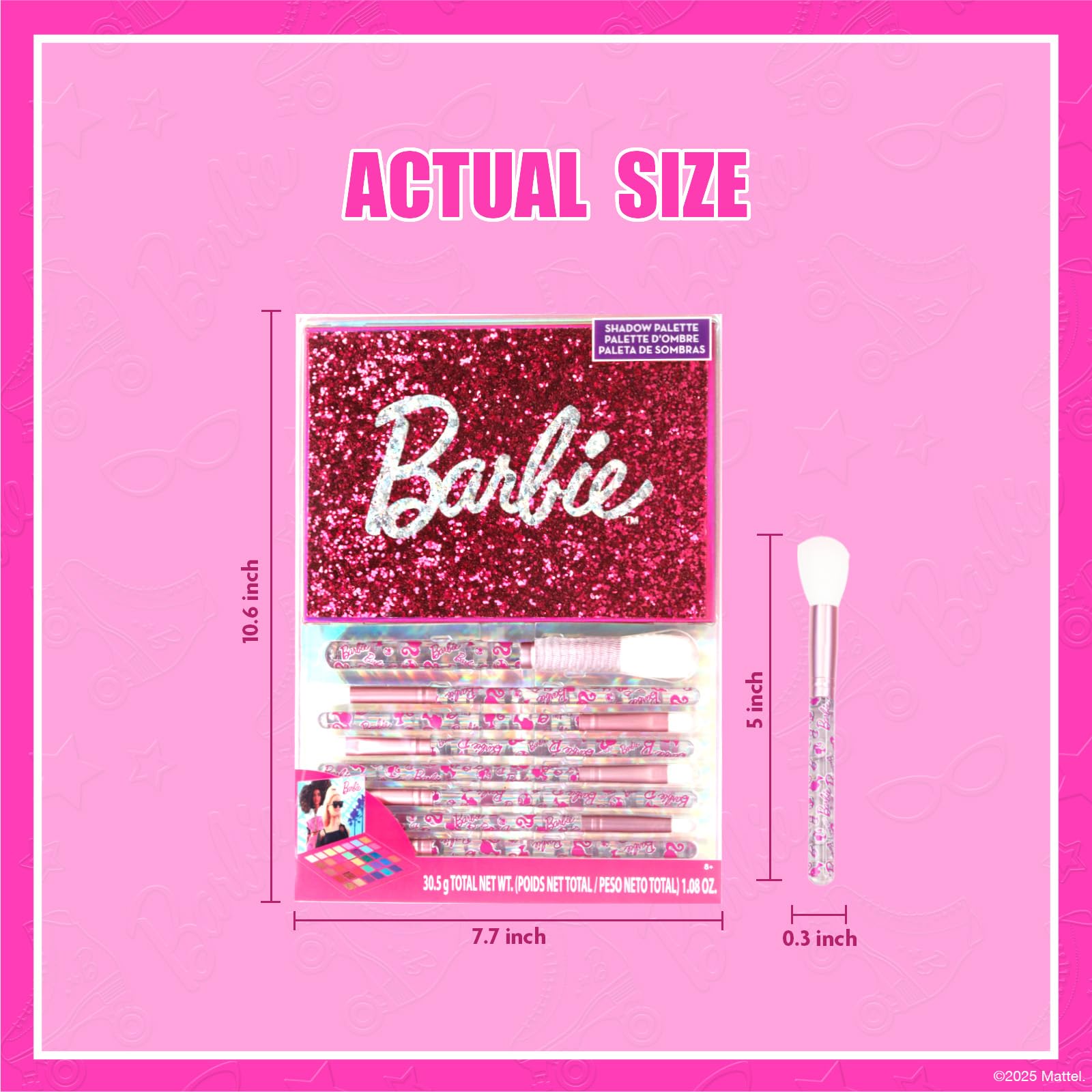 Townley Girl Barbie 35-Well Shadow Palette, Shimmery and Opaque Colors, Pigmented Blendable, 8 Application Brushes Ages 8+, Perfect for Parties, Sleepovers & Makeovers, By Townley Girl