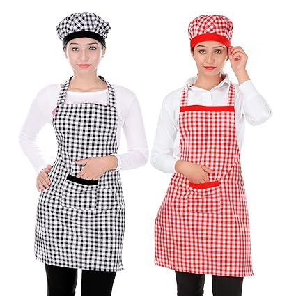 Switchon Cotton Checkered Apron with Cap, (Block and Red)