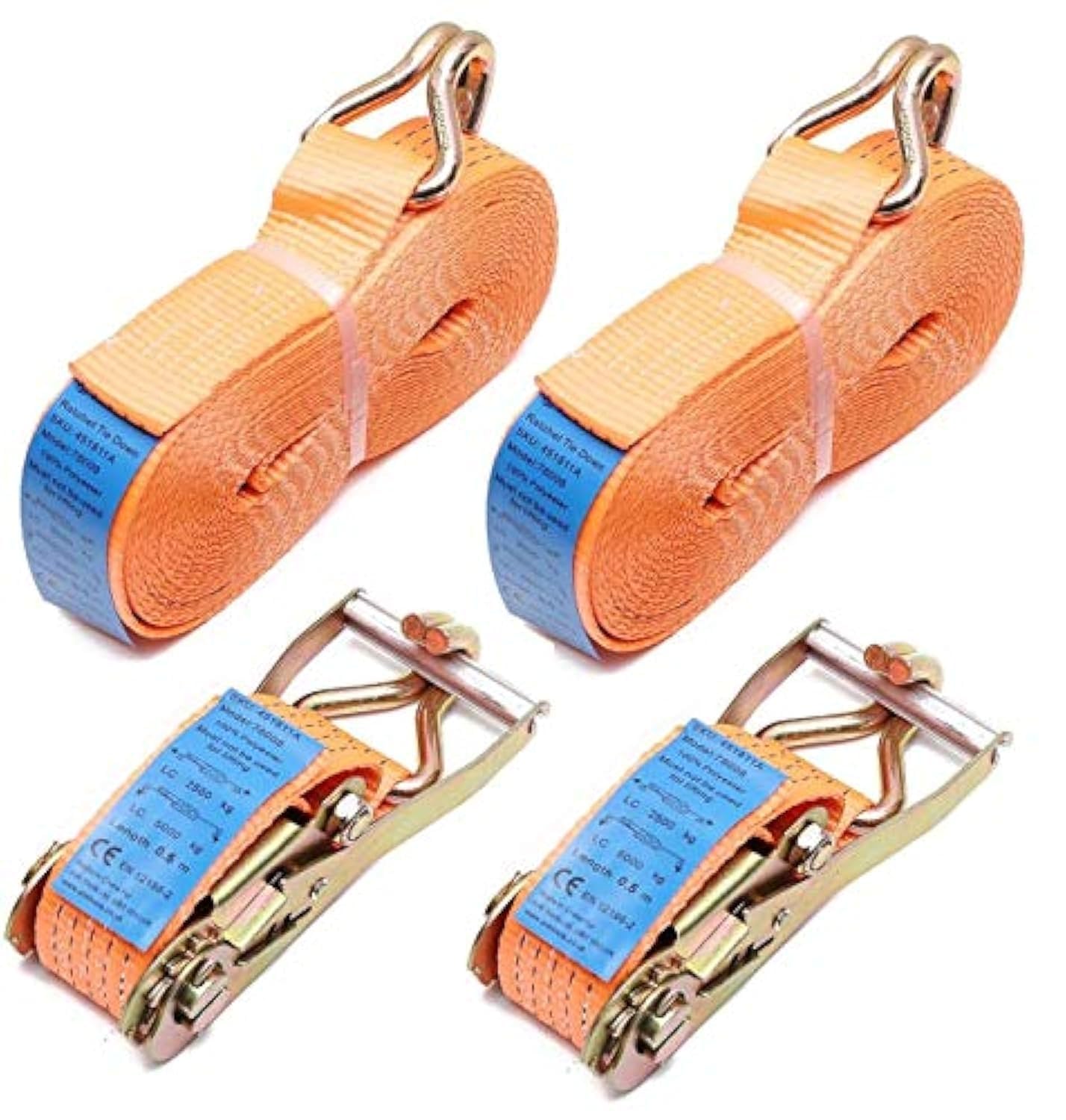 KATSU Tools 2 x 5000kg (5 Tonne) 10m Ratchet Tie Down Lashing Strap 2pcs Set Heavy Duty Tensioning Belt Material Handling EN 12195-2 with Belt Width of 5cm + Claw Hook