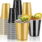 GGOLDMER 50 Pack 16oz Plastic Party Cups - Black and Gold Disposable Plastic Cups Graduation Cup for Halloween Party Decoration, Weddings, Birthdays, Holiday Gatherings