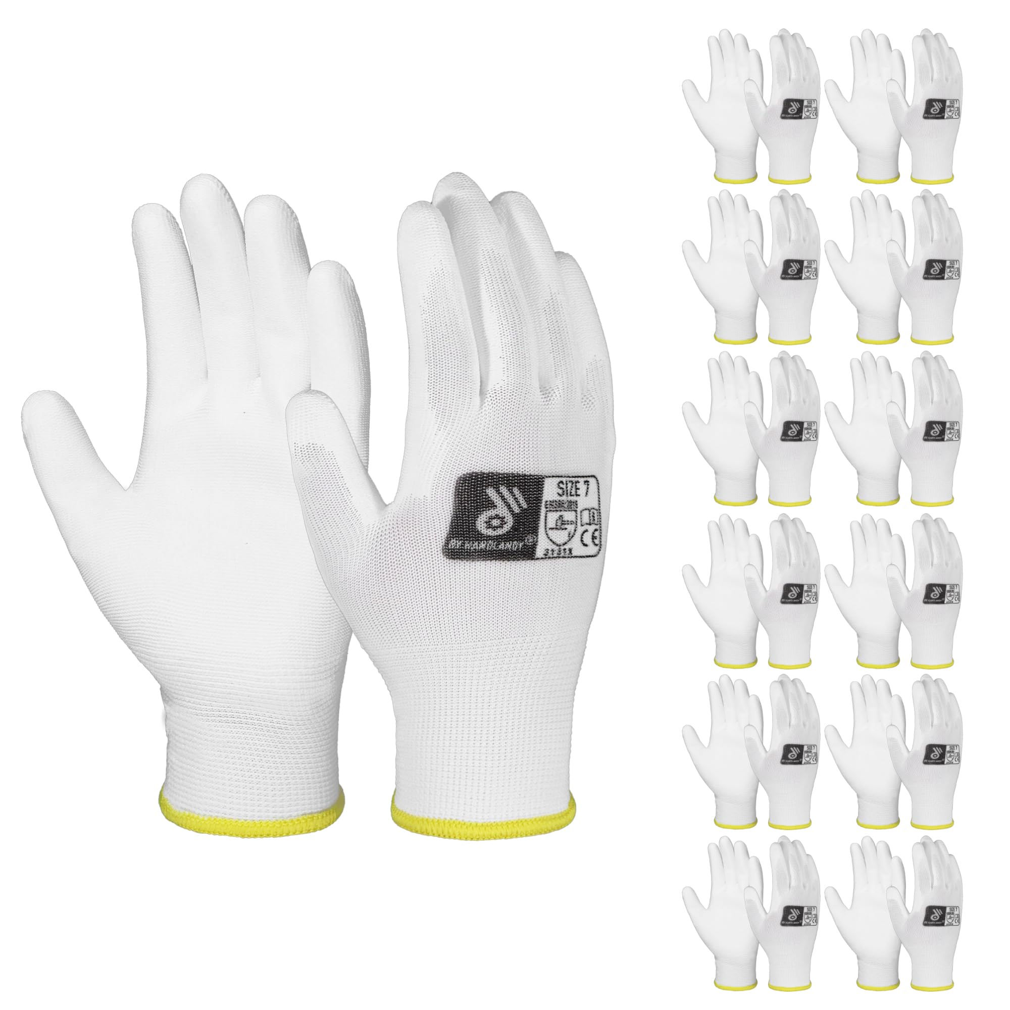 HANDLANDY 12 Pairs PU Coated Nylon Black Protective Work Gloves, Non-slip Flexible Gloves for Construction, Warehouse, Gardening (White, Small)