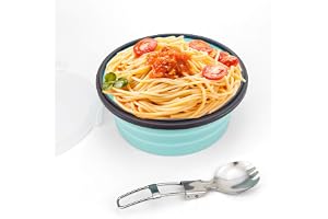 CCyanzi 1200ml Collapsible Camping Bowl Silicone Food Storage Container with Lid and Foldable Stainless Steel Fork Spoon, for Picnic, Travel, Camping, RV, Fridge and Microwave Bowls