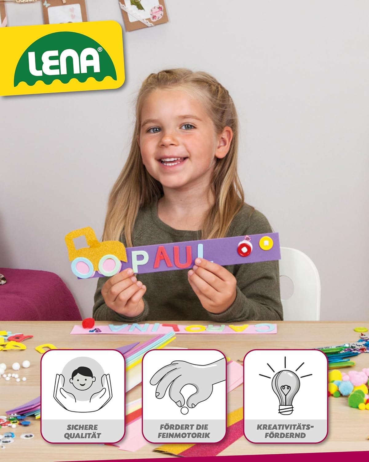 Lena Bastelkoffer mit 400 Teilen, Bastelset bestehend aus Papier, Moosgummi, Pfeifenreiniger, Strasssteine, Wackelaugen, Pompons und Knöpfe, Pink & Lila, geeignet für Kinder ab 5 Jahren 2
