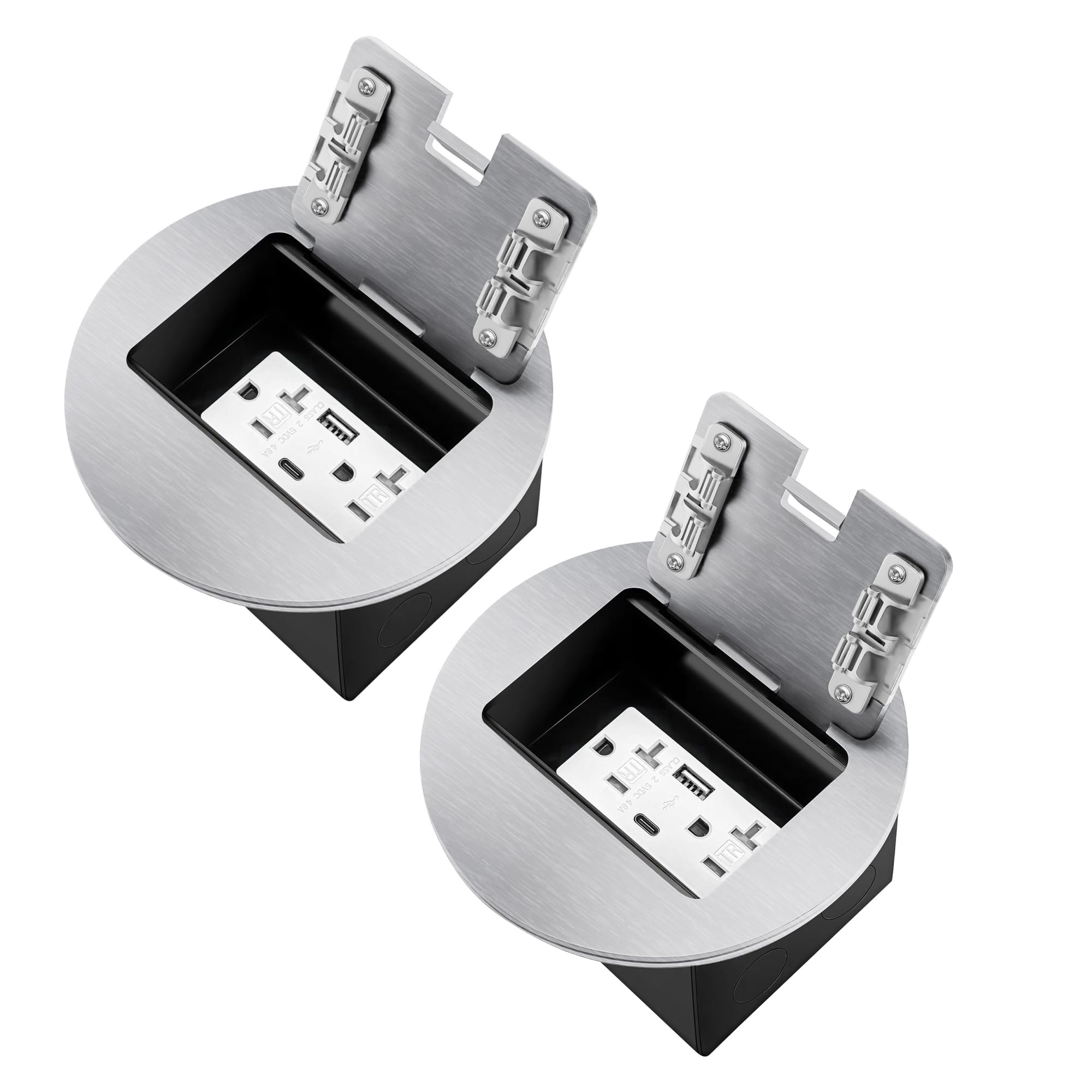 Photo 1 of JACEPFY Floor Outlet Recessed Floor Outlet Box Fast Charging 4.8A USB A+Type C Port 20 Amp Receptacle Kit - 2 Pack (Silver)