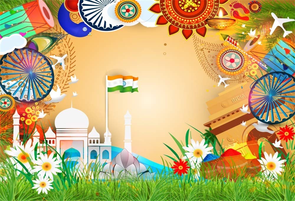Photo 1 of AOFOTO 5x3ft Taj Mahal Indian National Flag Background Backdrop India Traditional Symbols 15th August Independence Day Historical Landmark Monument Festival Decoration Photo Studio Props Vinyl