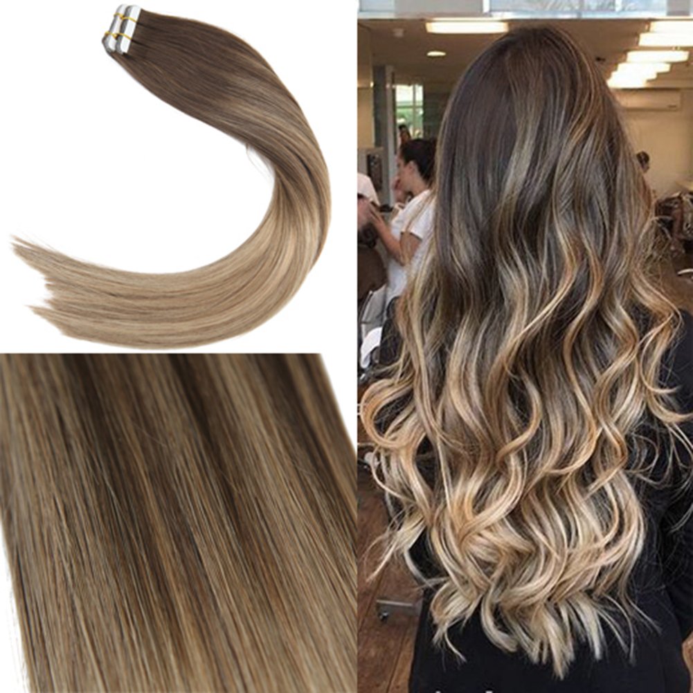Youngsee 50g 20pcs Balayage Tape Hair Extensions Human Hair Brown