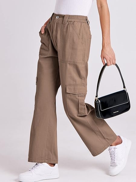ANRABESS WOMEN’S CARGO PANTS HIGH WAISTED BAGGY MULTIPLE POCKETS CASUAL TRENDY FASHION RELAXED FIT Y2K TROUSERS BROWN SMALL