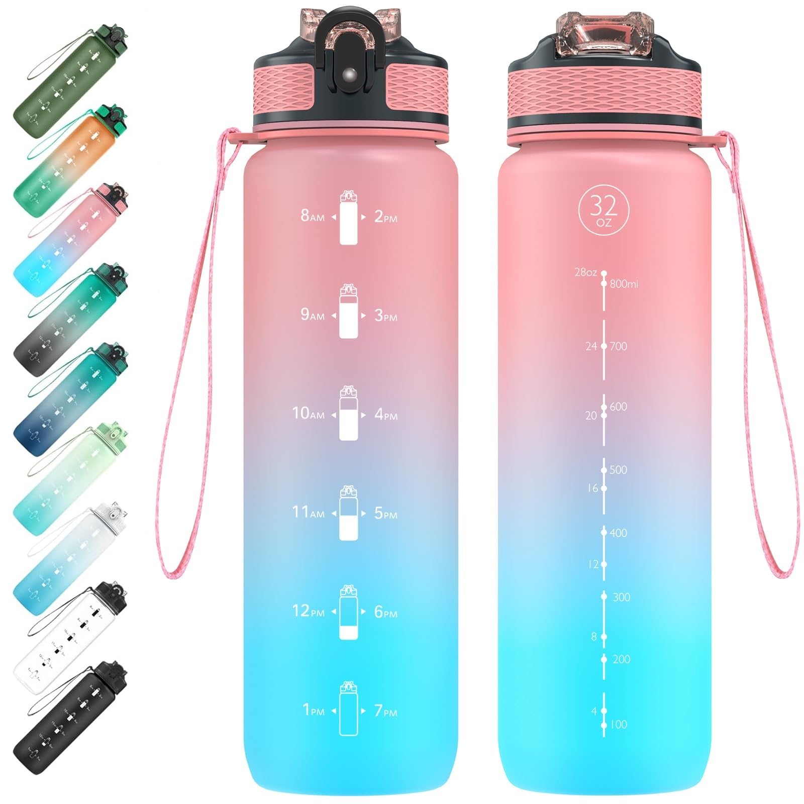 EYQ 1L Water Bottle, 1 Litre Water Bottle with Straw, 32oz Leak-Proof Motivational Sports Drinks Bottle with Time Marker, Tritan BPA-Free, Drinking Waterbottles for Fitness, School, Gym Outdoor Sports