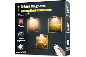 YIMAXPS 3-Pack Picture Light Battery Operated, Magnetic Led Lights with Remote, Dimmable and Timer Painting Light, Art Display Light for Picture Frame Artworking Portrait, Home Wall Decor Puck Lights, Gold