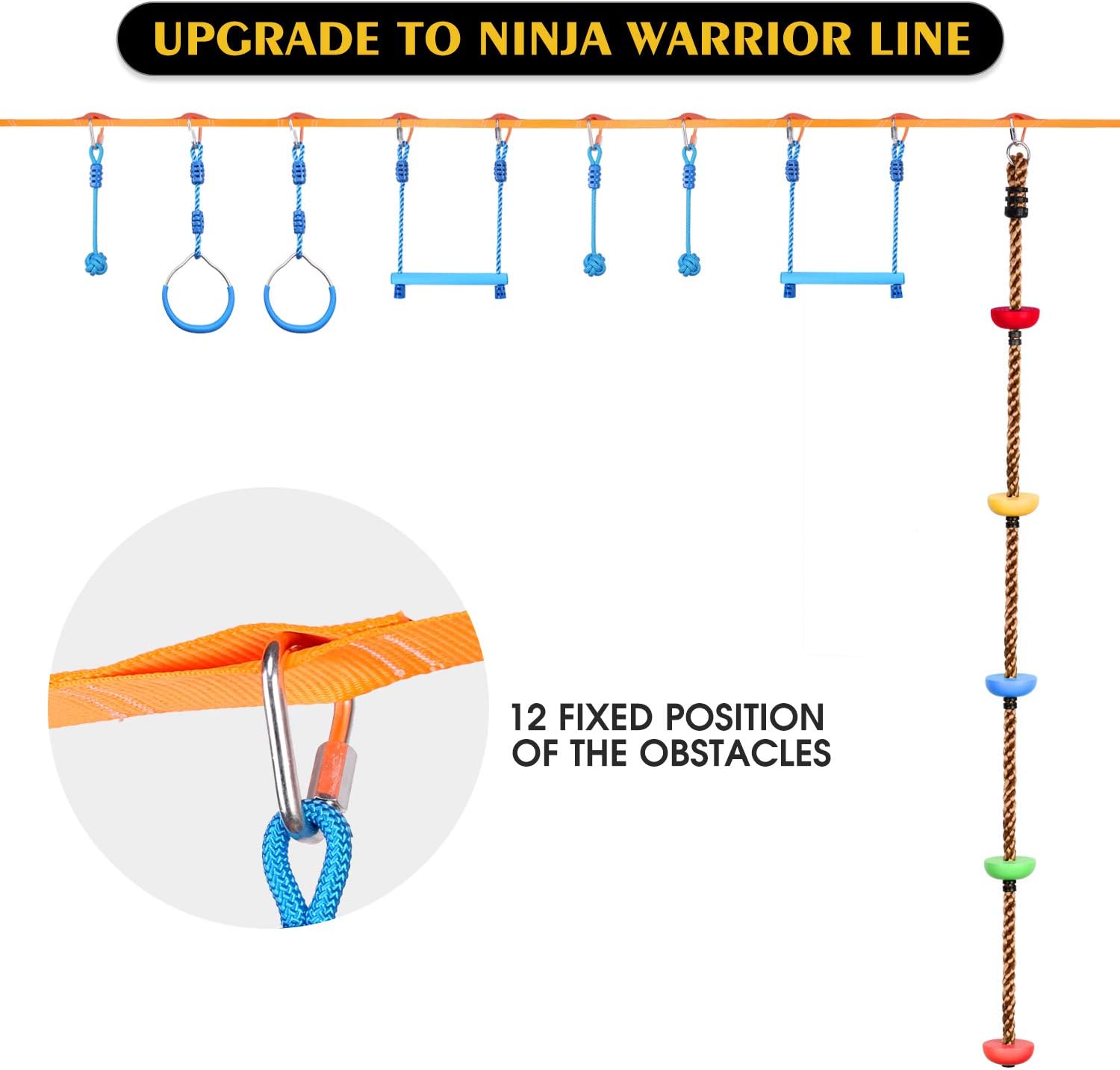 Odoland 50ft Ninja Slackline line with 8 Obstacle Course Setting, Outdoor Ninja Warrior Kit Training Equipment for Kids with Swing Rings Monkey Bars Ninja Knot and Climb Rope for Tree and Backyard: Kitchen & Dining