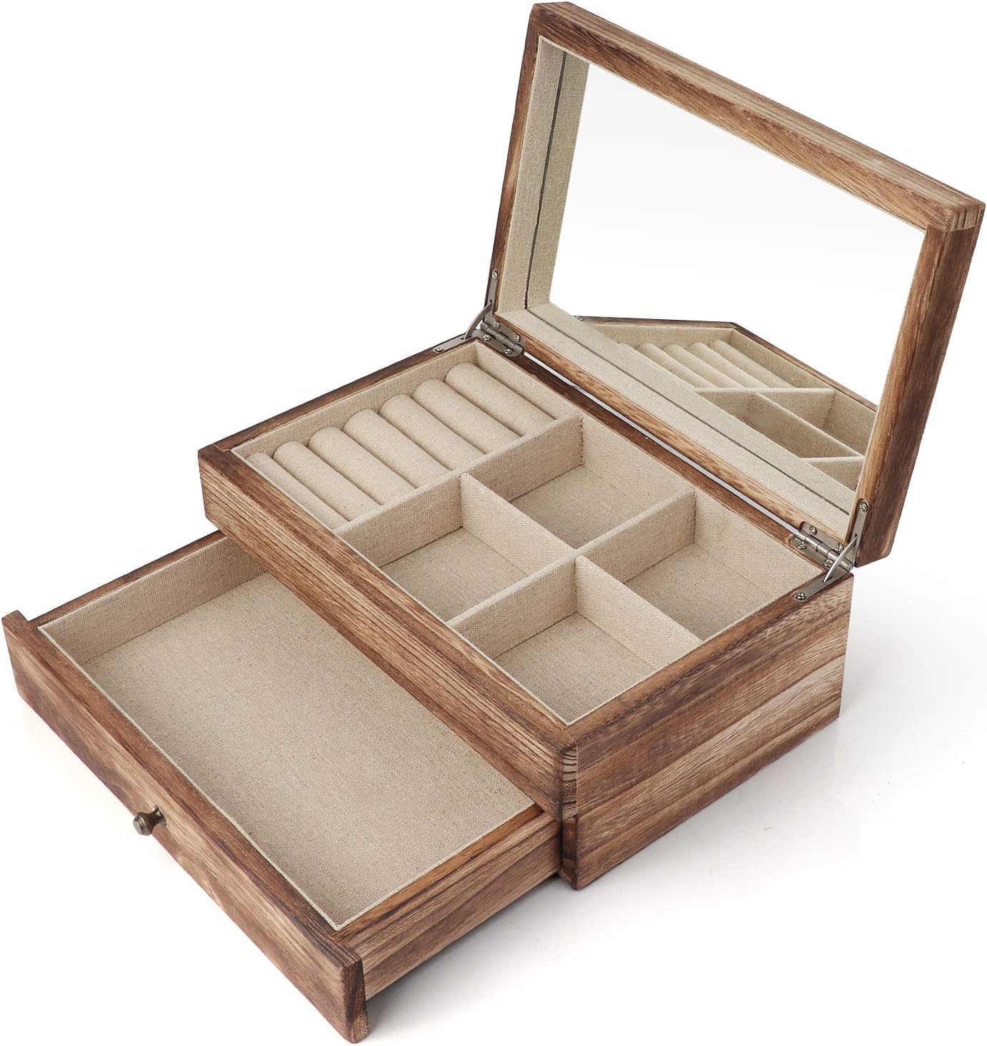 Meangood Jewelry Organizer Box Two-Layer, Jewelry case for Women, Wood Display Case with Mirror&Ring Tray, Vintage Style Torched Wood: Home Improvement