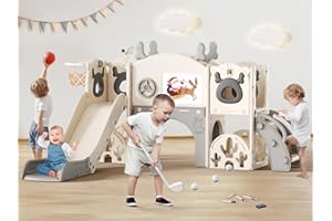 LISCHWERT Toddler Slide, 11 in 1 Toddlers Playset New Upgrade with Kids Slide, Drawing Board, Golf Set, Basketball Hoop and Storage Space for Toddler Age 1-3, Backyard Playground Indoor and Outdoor