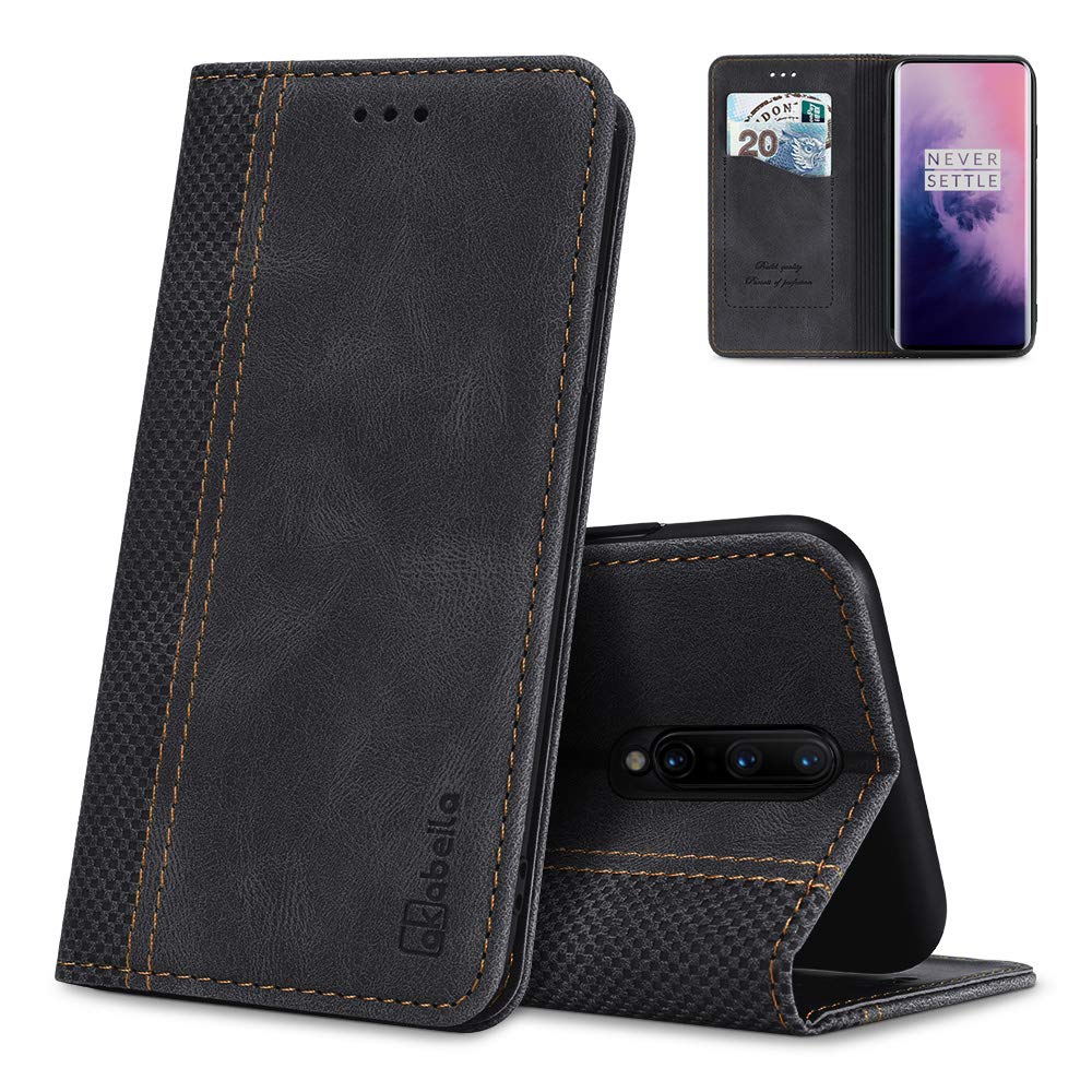AKABEILA Case for OnePlus 7 Pro Premium Leather Flip Wallet Case with Magnetic Closure Kickstand Card Slots Folio Phone Case Cover Shockproof Black