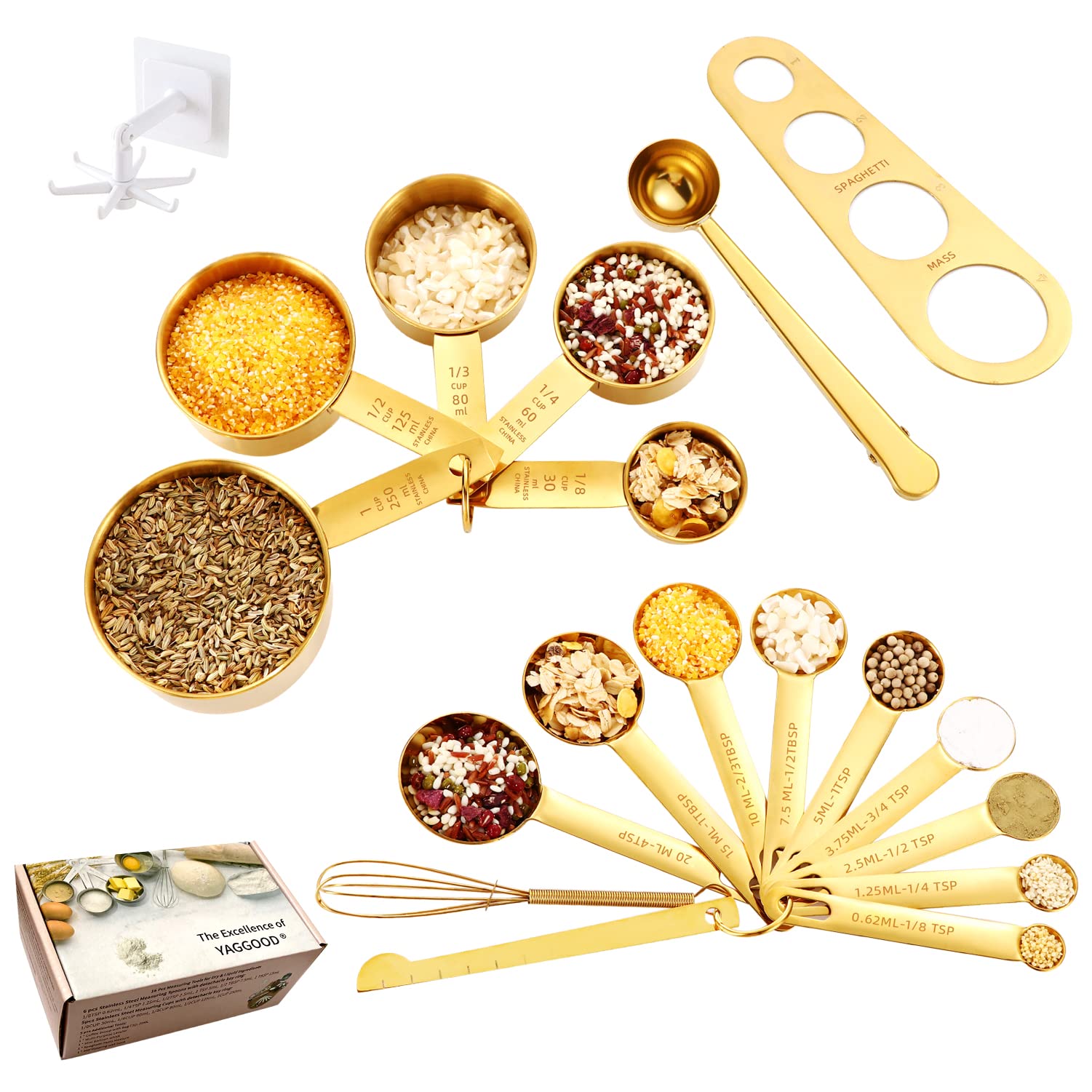 YAGGOOD Measuring Spoons and Cups Set of 19pcs, Gold, Stainless Steel, Measuring Set
