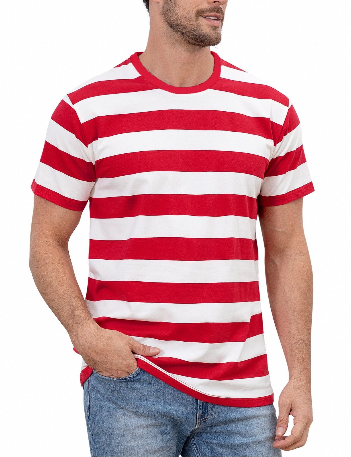 Photo 1 of Funny World Red and White Striped Shirt Men Cotton Crew Neck Basic T-Shirts, Red and White, Medium