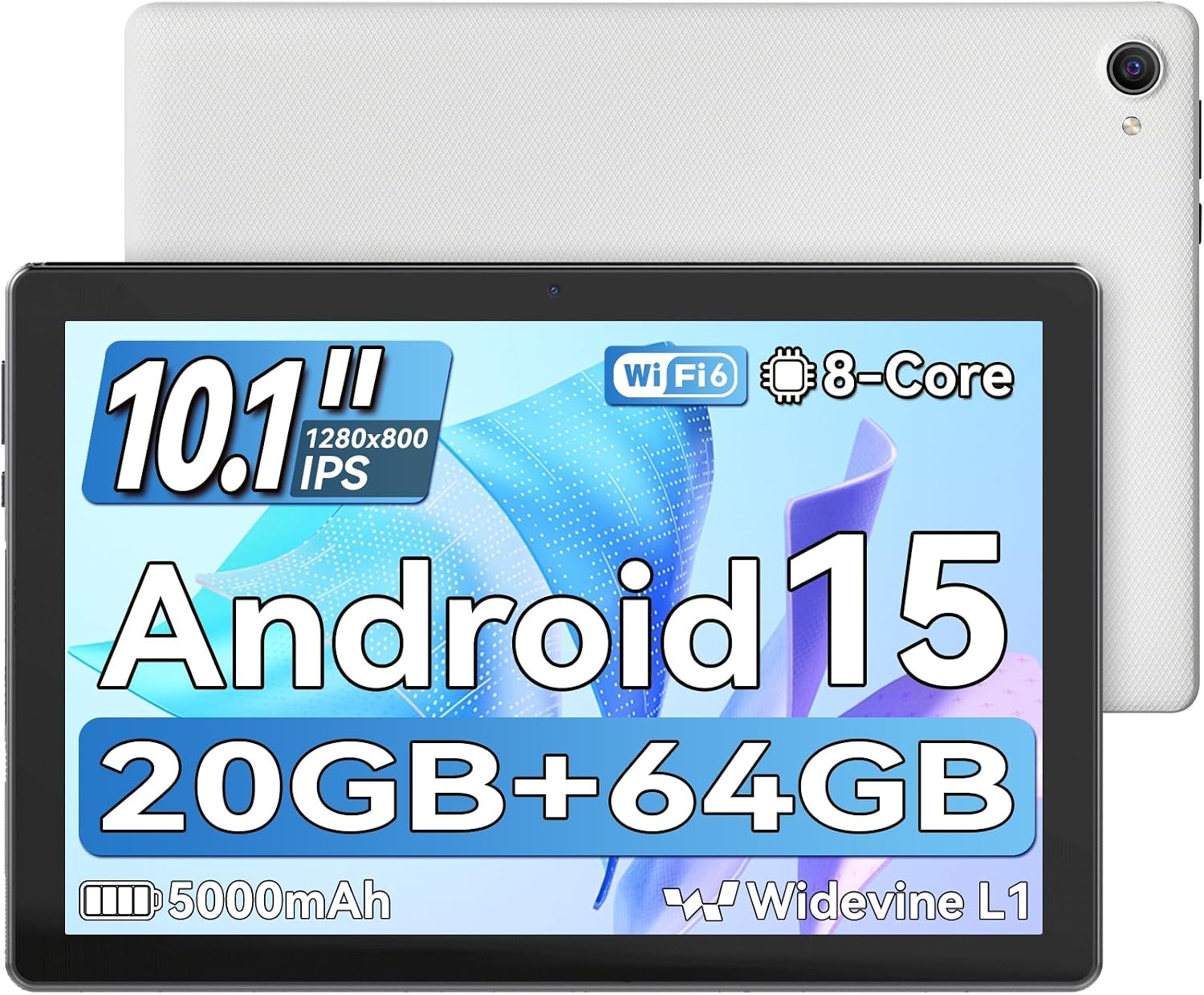 Jeazans Tablet,10.1 Inch Android 15 Tablet with 20GB RAM 64GB ROM 1TB Expansion, Octa-core Processor, HD IPS Touchscreen Dual 5MP+8MP Camera, Widevine L1 (White)