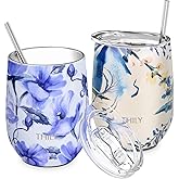 THILY Stainless Steel Insulated Wine Tumbler Stemless Wine Glass with Sliding Lid and Straw, Keep Coffee or Cocktails Cold, Cute Gifts for Women, 2 Pack(Iridaceae+Orchid)