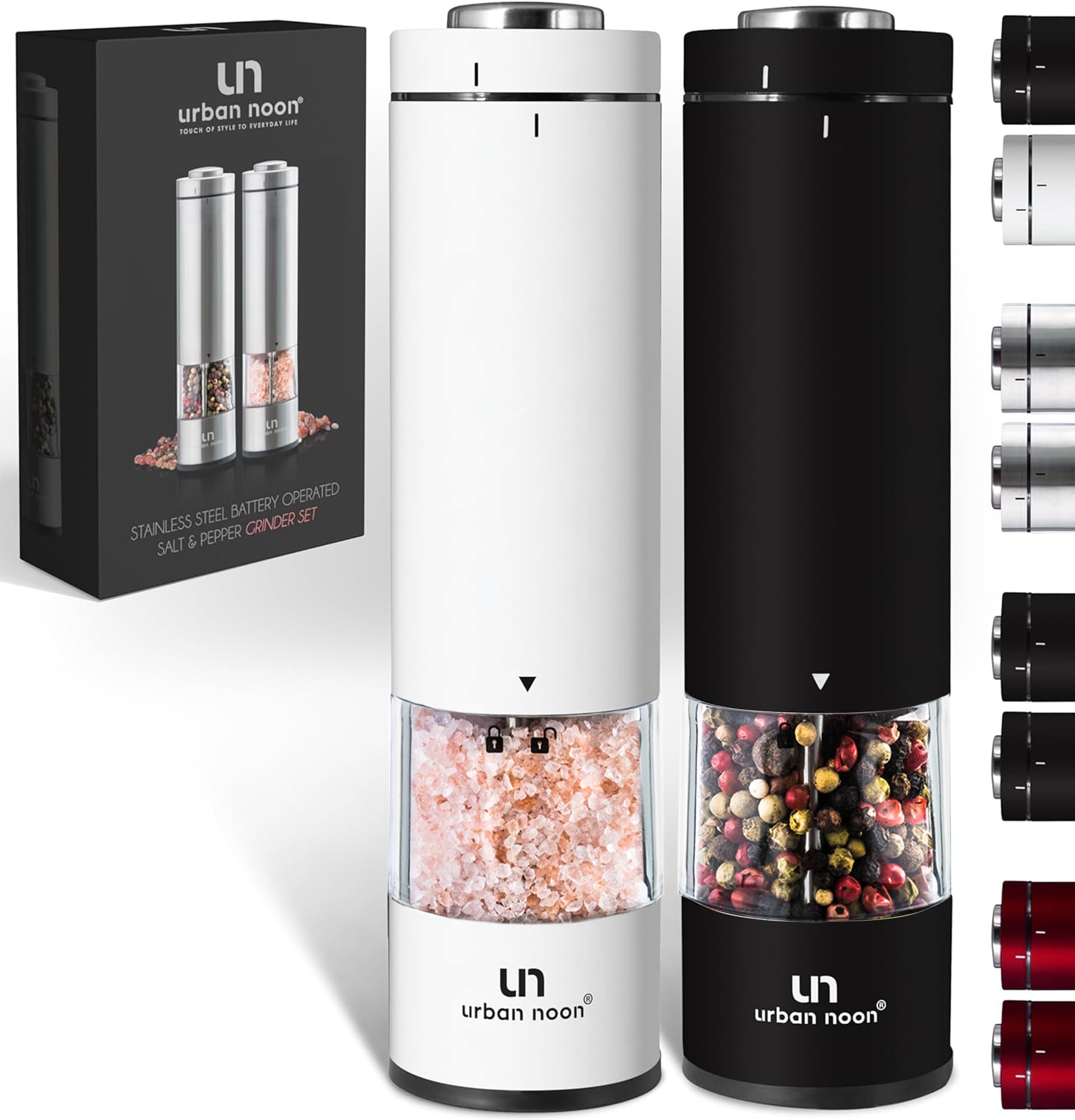 Photo 1 of Electric Salt and Pepper Grinder Set - Battery Operated Stainless Steel Mills (1 Black Pepper Grinder + 1 White Salt Grinder) Automatic One Handed Operation Electronic Adjustable Ceramic Grinders