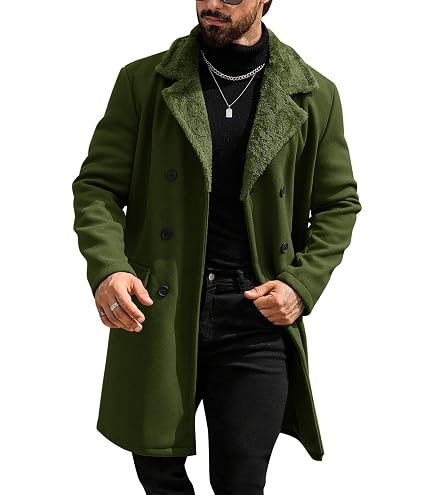 RTRDE Mens Trench Coat, Faux Fur Shearling Casual Winter Warm