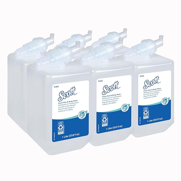 SCOTT PROFESSIONAL FOAM HAIR AND BODY WASH (91553), 1.0 L, FOAMING, LIGHT BLUE, FRESH SCENT, MANUAL REFILLS, (6 BOTTLES)