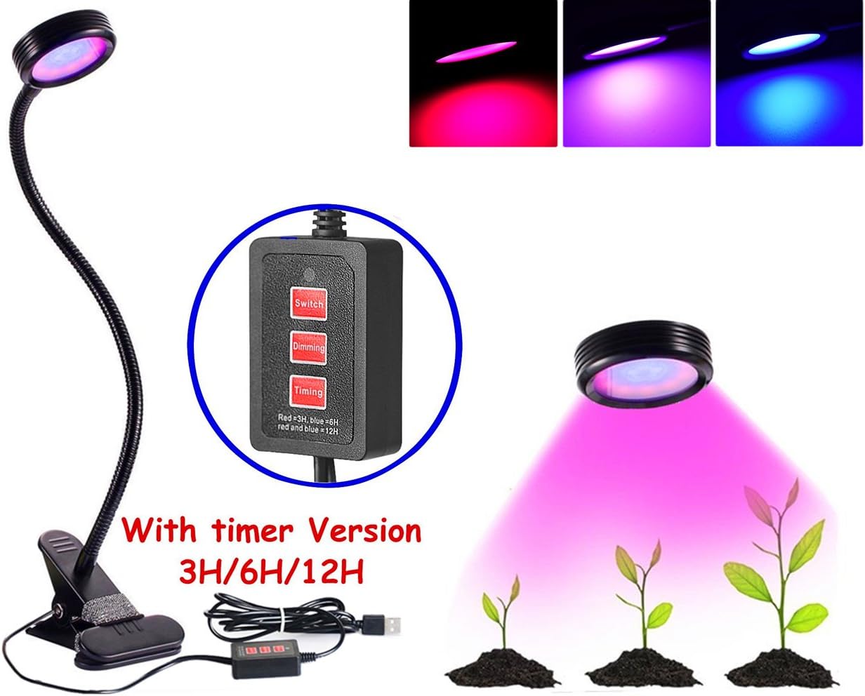 【Upgrade Timer Version】LED Plant Grow Light , Florally Clip On 10W Adjustable 5 Level Dimmable Desktop Grow Lights Lamp Bulb Clamp Flexible Gooseneck For Indoor Plants Hydroponics Greenhouse Gardening Computers Desk Office Task Lighting USB Bedside Lamp (Adapter Not Included)