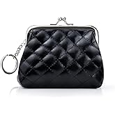 AdiStylinno Coin Purse for Women, Small Rhombus Pattern Leather Coin Pouch, Vintage Kiss Lock Change Purse Mini Coin Bag (Black)