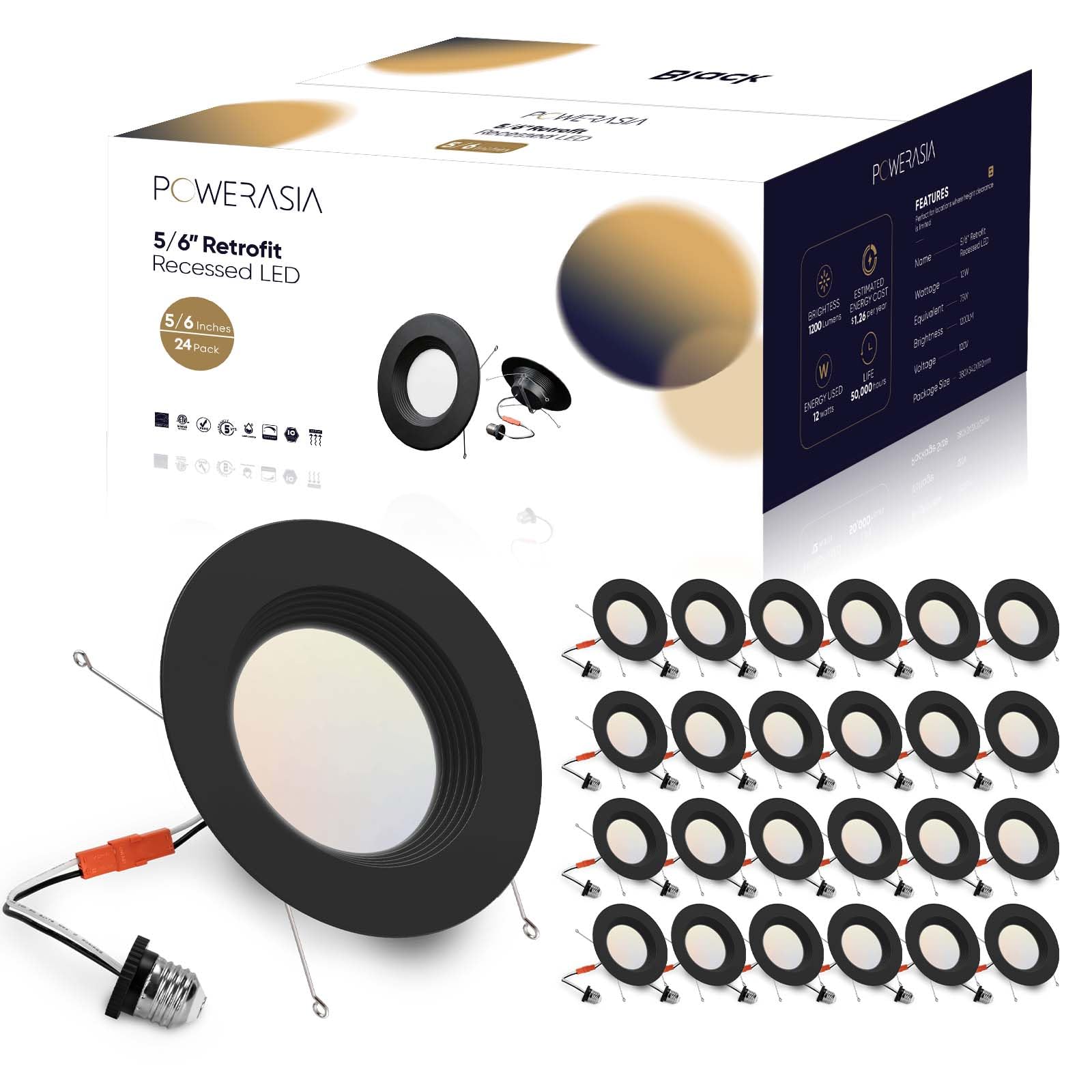 Photo 1 of 24 Pack 5/6 Inch Black LED Can Lights Retrofit Recessed Lighting, 5CCT 6 Inch Recessed Lights Selectable 2700K-6000K Dimmable, 12W=75W, 1200LM Downlight with Metal Smooth Trim-ETL and Energy Star