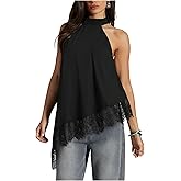 BEAUDRM Women's Y2k Satin Lace Tops Asymmetrical Halter Going Out Tops Flowy Mock Neck Sleeveless Spring Summer Outfit