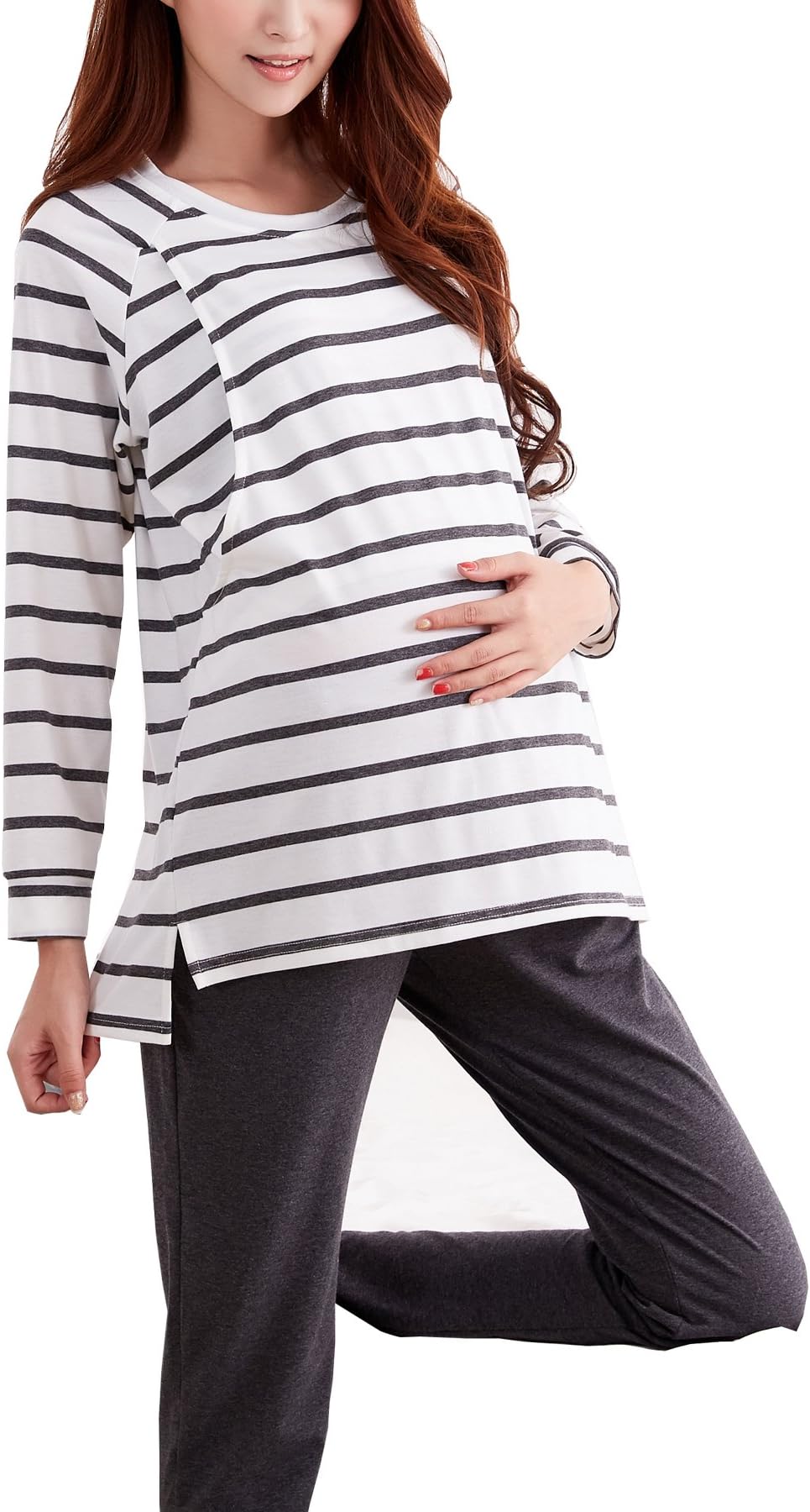 More4moms Womens 2 in 1 Nurisng Pajamas/pjs Cotton Striped Maternity Nursing Sleepwear Sets