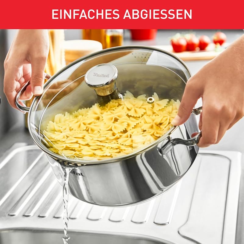 A70546 Duetto Kochtopf | 24 cm | induktionsgeeignet | einfache Reinigung in der Spülmaschine | Messskala | Glasdeckel zum Abgießen | Edelstahl