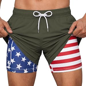 Men Swim Trunks 5 Inch Inseam Compression Liner Quick Dry Drawstring Zipper Pockets for Summer Beach Surfing Water Sports