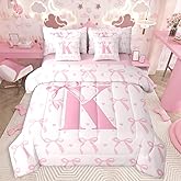 jejeloiu Cute Pink Bow Kids Comforter Set with Sheets Full Size,Boys Girls Personalized Letter K 7 Piece Bedding Set,Cute Coquette Bow Knot Bed in a Bag,Initial Letter K All Season Monogrammed