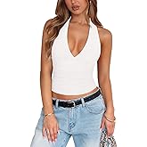 Women's Sexy Halter Tops for Women Summer Deep V Neck Mesh Ruched Tie Strap Backless Going Out Crop Top