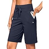 SANTINY Women's Bermuda Long Shorts with Pockets Drawstring High Waisted Athletic Knee Length Shorts Walking Casual Workout