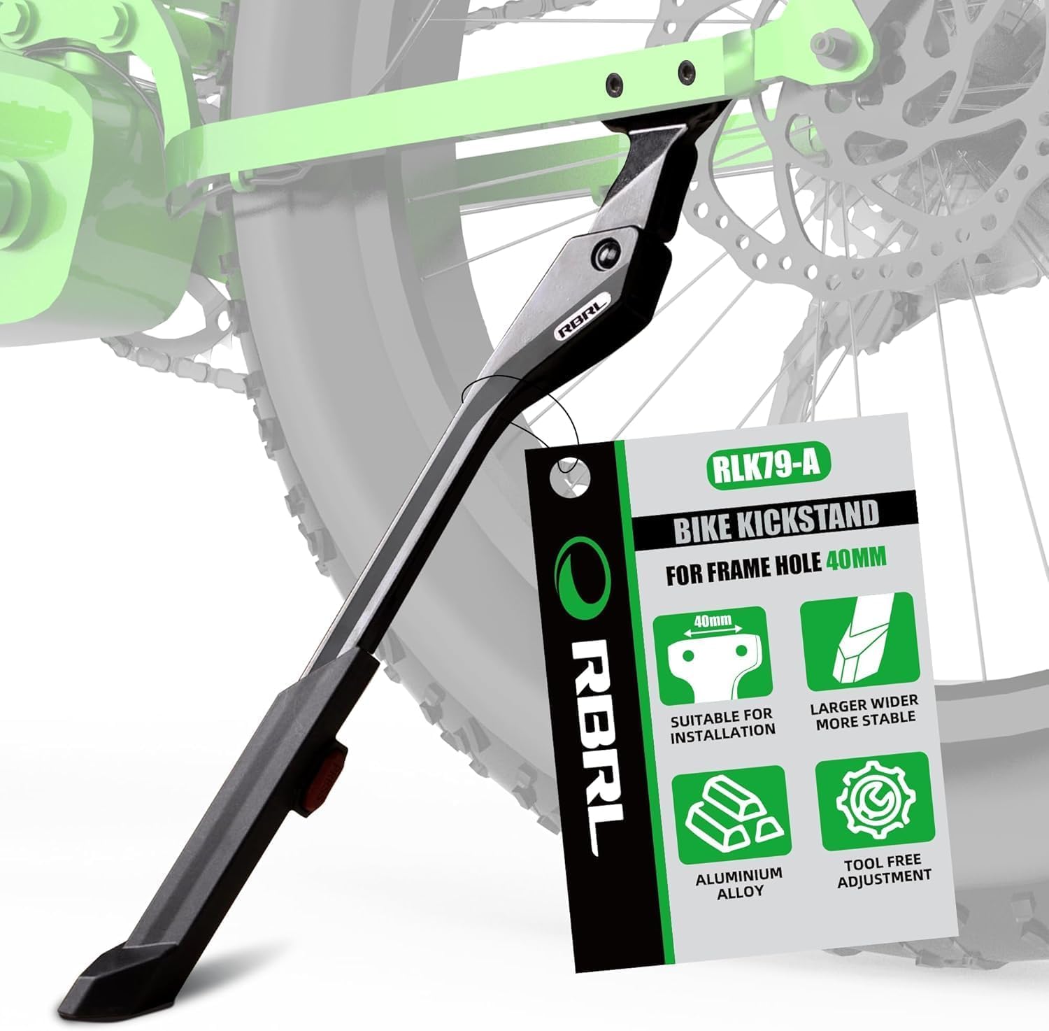 RBRL Bike Kickstand, 40mm Hole Spacing Anti-slip Bike Stand, Height Adjustable Bike Side Stand, Aluminium Alloy Durable Bicycle Stand for 24"-29" Ebike/Mountain Bike