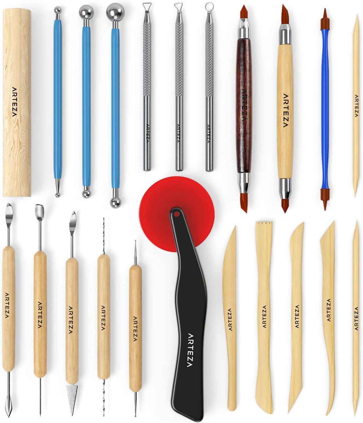 ARTEZA Pottery Tools & Clay Sculpting Tools, Set of 22 Pieces in PET Storage Tube, for Clay, Pottery, Ceramics Artwork & Holiday Crafts