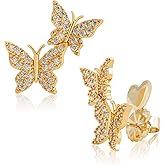 Zircon Butterfly Stud Earrings - 14K Gold Plated CZ Pave Butterfly Earrings for Women，Good Gift for Sister,Lover