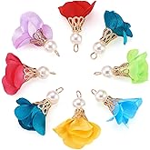 Cheriswelry 200pcs Cloth Fabric Flower Pendants Acrylic Pearl Floral Petal Tassel Charms with Golden Filigree Flower Metal Cap Mixed Color for DIY Earrings Keychain Jewelry Making Crafts 25-32mm