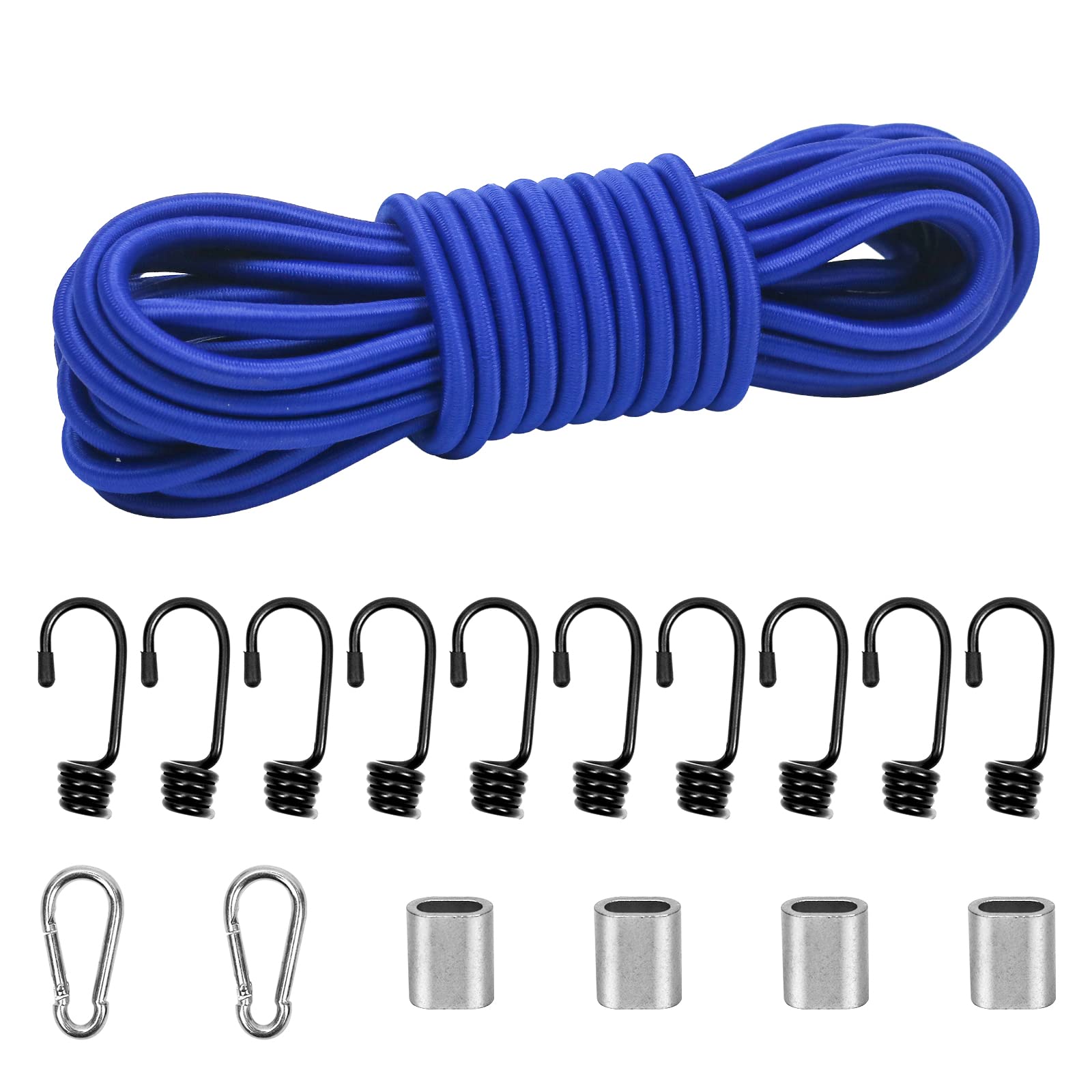 Dondeen Elastic Cord,Shock Cord Heavy Duty Elasticated Shock Cord Black Bungee Cords with Hooks and Spring Cord Lock for Caravan Cargo Craft Rack(8mm x 10M, Blue)