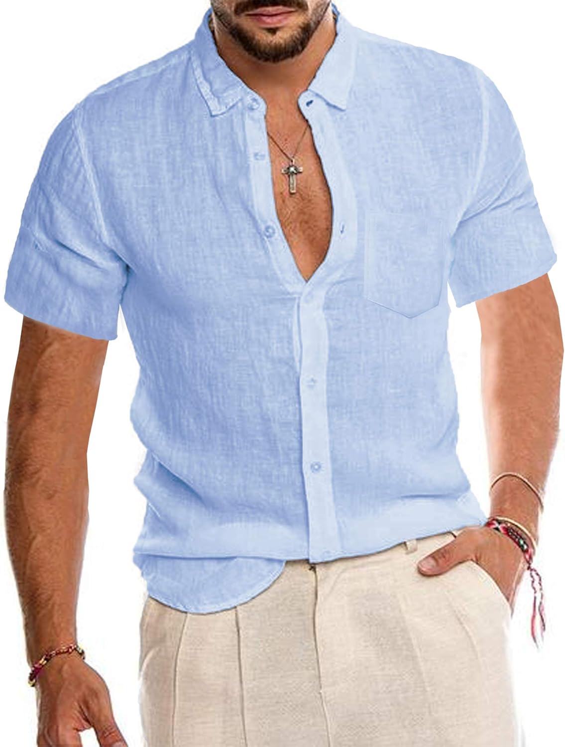 Lecgee Men S Linen Shirt Casual Regular Fit Short Sleeve Button Down Beach Shirt At Amazon Men S Clothing Store