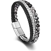 BOPREINA Mens Bead Leather Bracelet 6mm Obsidian Tiger Eye Stone Black Braided Leather Wristband Stainless Steel Cuban Chain Beaded Layered Leather Cord Wristband Bangle Jewelry for Men