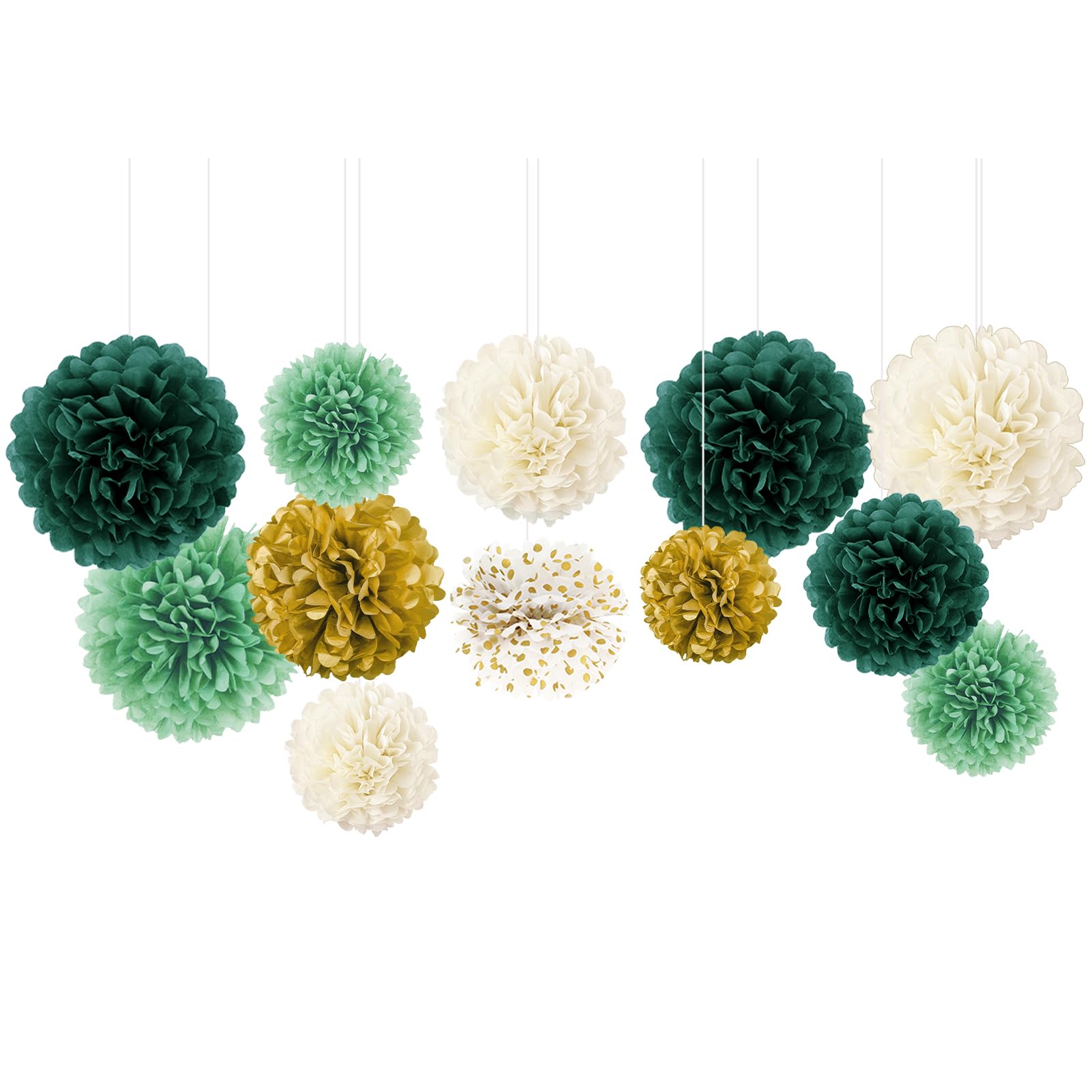 NICROLANDEE Wedding Party Decorations - 12 PCS Green Ivory Tissue Paper Pom Poms for Neutral Baby Shower, Vintage Party, Birthday, Bridal Showers, Rustic Wedding Decorations
