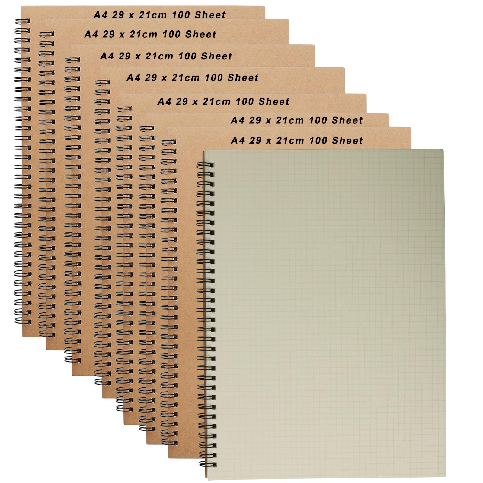 ZOENHOU 8 Pack A4 Grid Notebook, Kraft Cover Graph Paper A4 Pad 5mm Square Pages, 200 Pages/100 Sheets Spiral Bound Grid Notebook, Squared Wirebound Journal Bulk, 8.2 x 11.4 Inch