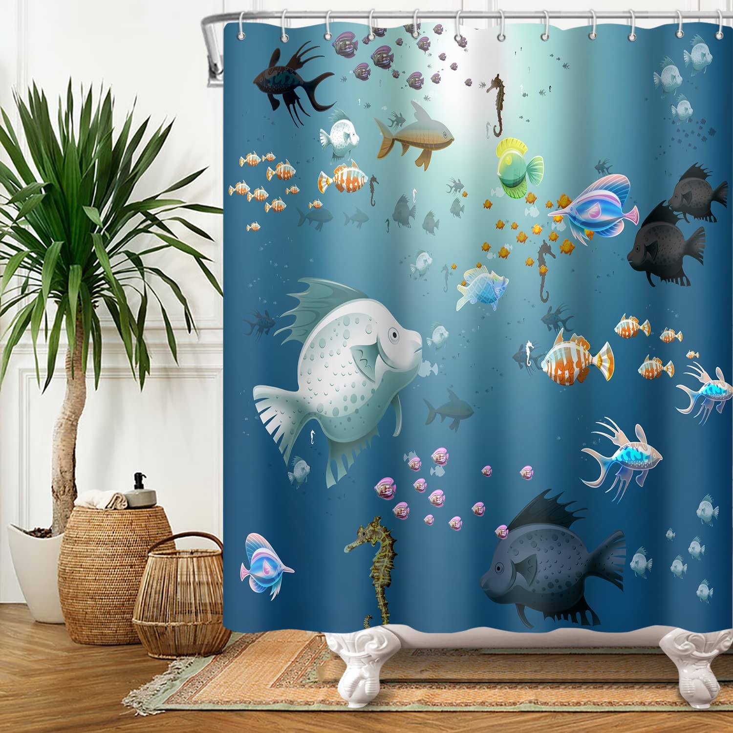 SDOTPMT 122x183cm Cartoon Fish Shower Curtain Colorful Tropical Fishes Hippocampus Marine Animal Bath Curtain Blue Ocean Bathtub Curtain for Bathroom Decor Fabric Polyester Waterproof with Hooks — image 1
