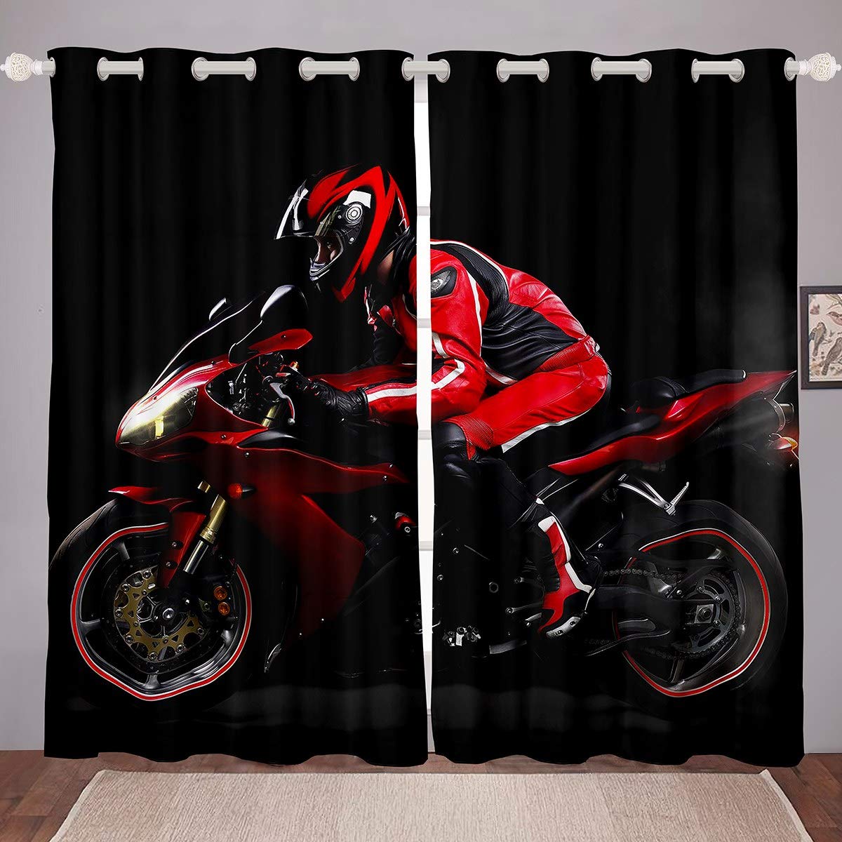 Motorcycle Curtains Extreme Sports Theme Window Drapes for Kids Boys Teens Cool Motor Bike Rider Window Treatments Red Black Modern Motorcycle Window Curtain Room Decor W46*L54