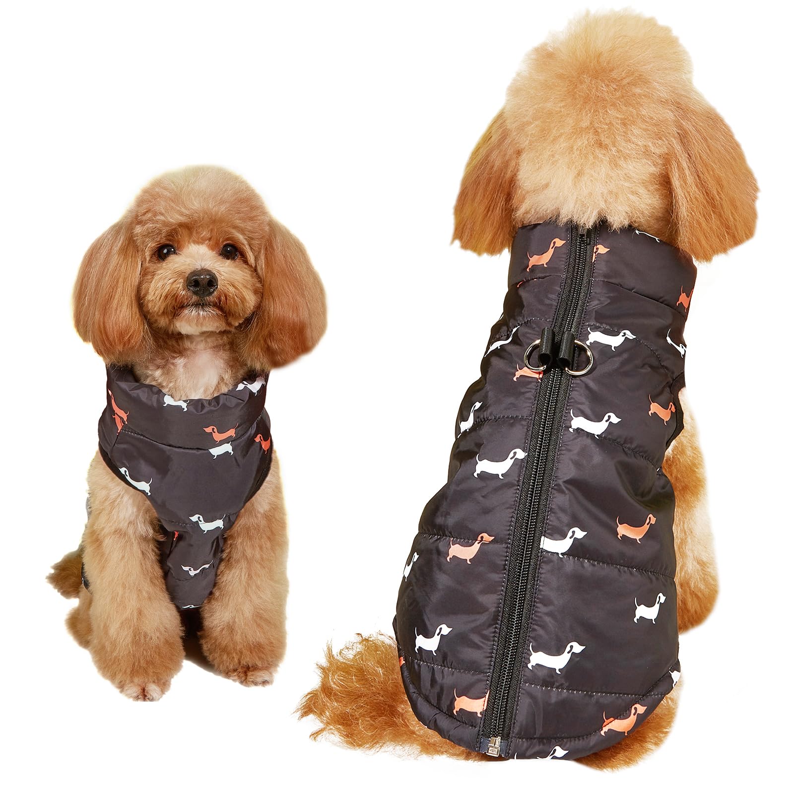 Asmea Dog Coat Warm Dogs Jacket Harness with D-ring Slightly Water-resistant Waterproof Puppy Coats for Cold Weather Christmas Dog Clothes Winter Small Dogs Coats Dachshund Coat Black XXS