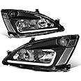 Auto Dynasty LED DRL Headlights Assembly Compatible with 03-07 Honda Accord 7th Gen UC1, with L-Styling LED Day Time Running Light Strip, Driver and Passenger Side, Black Housing Clear Corner