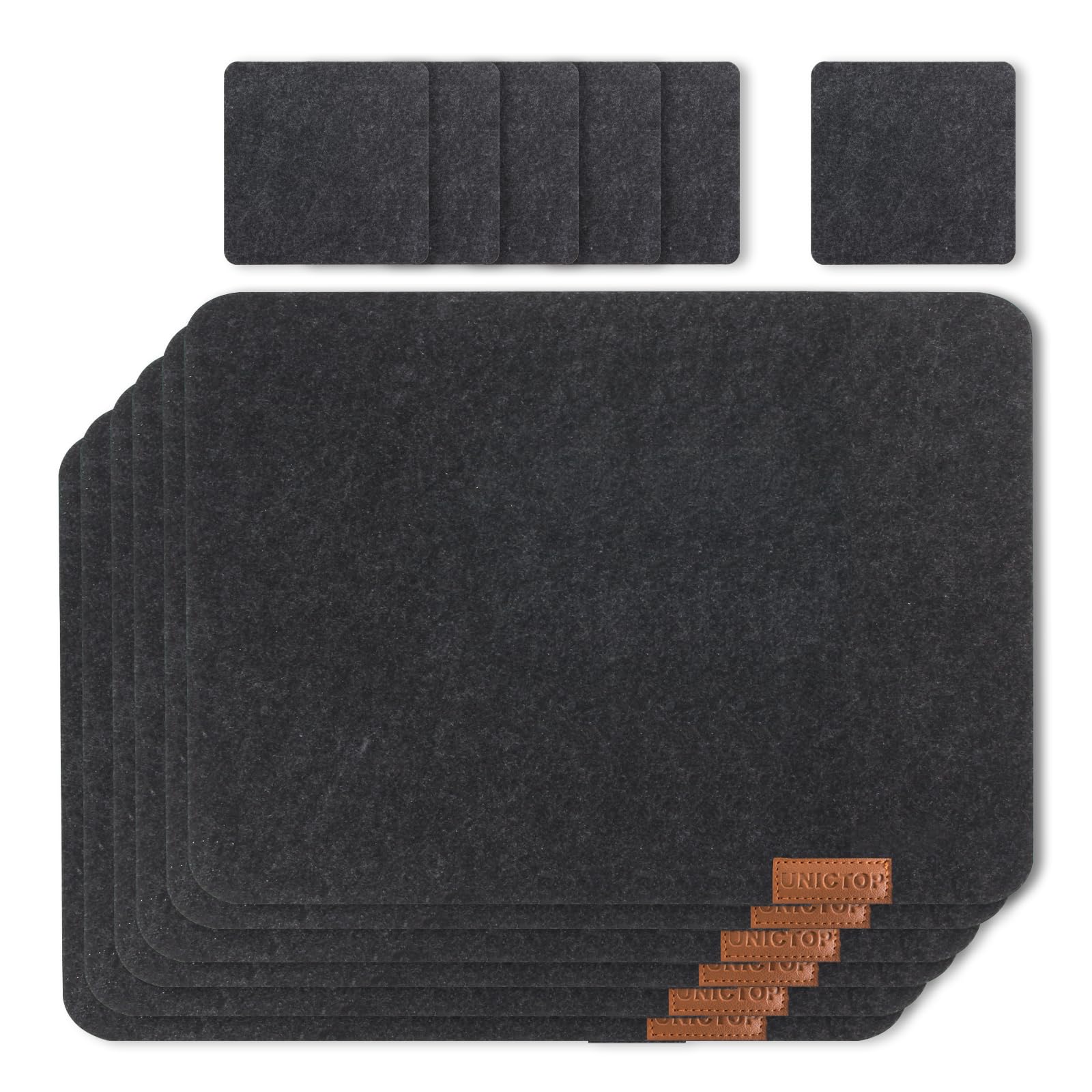 Unictop Felt Place Mats Washable Double-Sided 40 x 32 cm Place Mats Wipe Clean Place Mats Set of 12 6 Felt Coasters Place Mats + 6 Glass Coasters, Wine Red and Grey, Quadrat