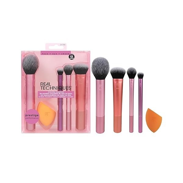 REAL TECHNIQUES 5 PIECE EVERYDAY ESSENTIALS MAKEUP BRUSH SET, INCLUDES 4 BRUSHES & MAKEUP SPONGE, FOR FOUNDATION, BLUSH, BRONZER, CONTOUR, EYESHADOW, & POWDER, TRAVEL GIFT SET, CRUELTY-FREE & VEGAN
